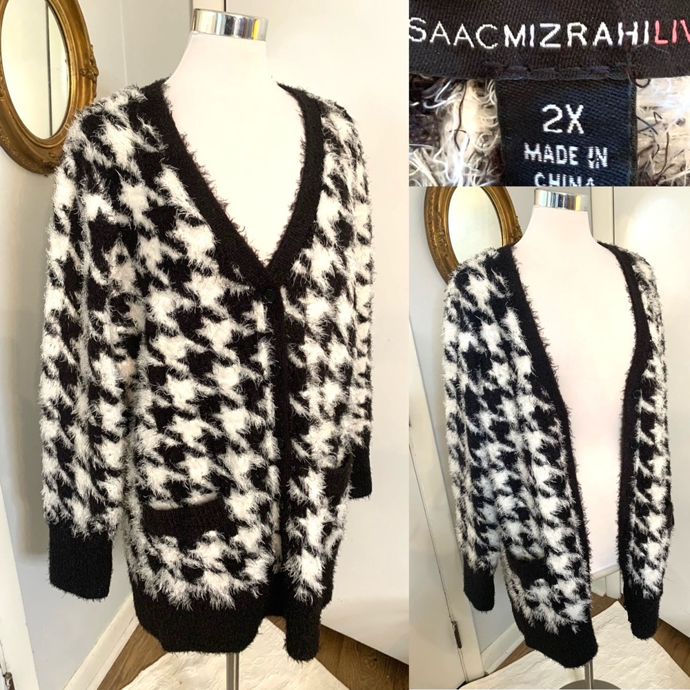 Isaac Mizrahi Live 2X Plus black white Houndstooth cardigan sweater Cozycore